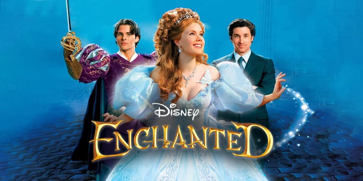 A magical scene featuring a woman in an elegant gown with a crown, a man in a purple medieval outfit holding a sword aloft, and a man in a modern suit. The title "Disney Enchanted" is displayed in gold letters at the bottom. The background is a rich, textured blue.