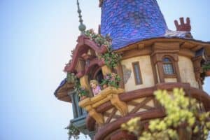 Rapunzel looking at Fantasy Springs in Tokyo DisneySea from her tower, with the Disney Resort
