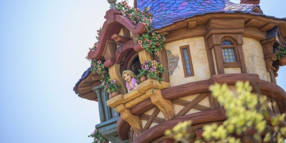 Rapunzel looking at Fantasy Springs in Tokyo DisneySea from her tower