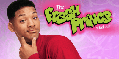 Promotional image for "The Fresh Prince of Bel-Air." The background is pink and purple with graffiti-style text that reads "The Fresh Prince of Bel-Air" in green and white. On the left, Will Smith, wearing a red shirt, poses with a finger on his cheek, looking directly at the camera.