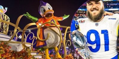 Donald Duck in a Halloween Parade at Walt Disney World, Greg Gaines with the Super Bowl trophy.