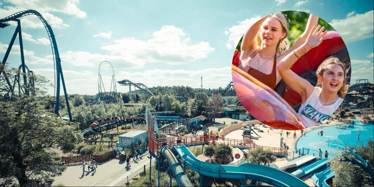 A vibrant amusement park is bustling with visitors on a clear day, featuring towering roller coasters and winding water slides. An inset shows two young women, smiling with their arms raised, enjoying a thrilling theme park ride.
