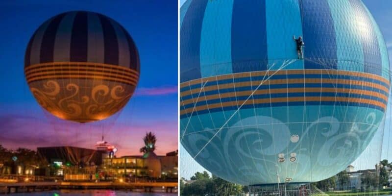 A hot air balloon with striped and patterned designs is shown. The left side displays the balloon illuminated and elevated against a twilight sky over Walt Disney World Resort. The right side shows a person performing maintenance on the balloon, highlighting its intricate designs in daylight.