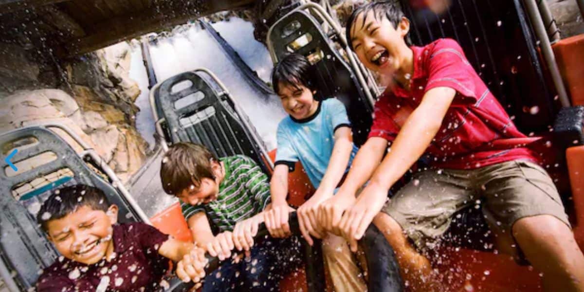 Four children are seated in a row on a log ride at a Disney attraction, holding on tightly and smiling as water splashes around them. They appear to be enjoying the thrill and excitement of the ride. The background shows part of the rocky structure and water slide.