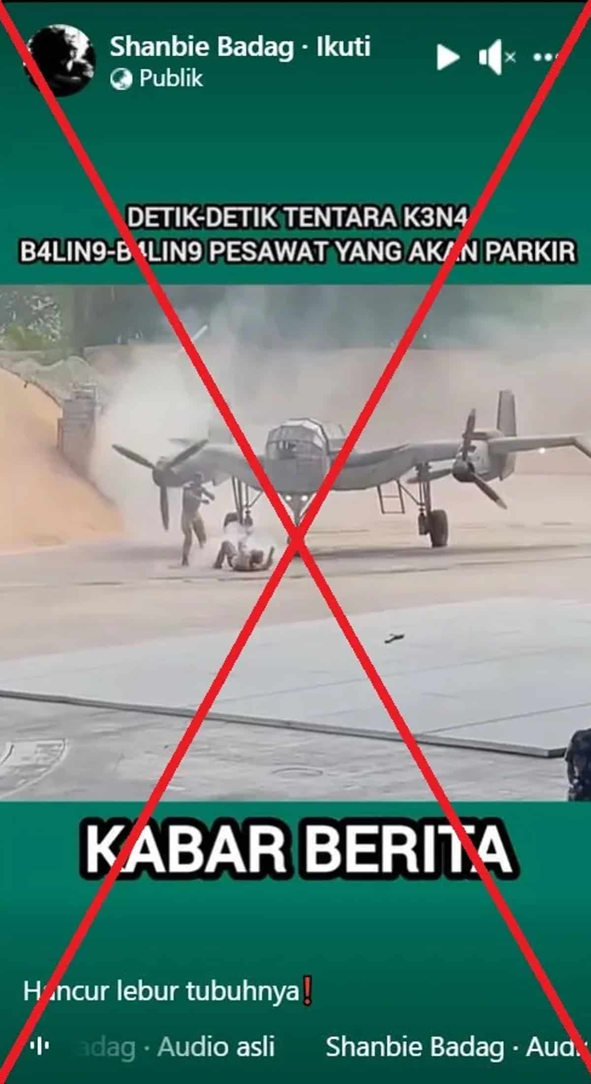 An image of a video with Indonesian text and a large red "X" overlay. It shows a plane on a runway with soldiers beside it. The overlay text says "DETIK-DETIK TENTARA K3NA B4LIN9-B4LIN9 PESAWAT YANG AKAN PARKIR" and "KABAR BERITA.