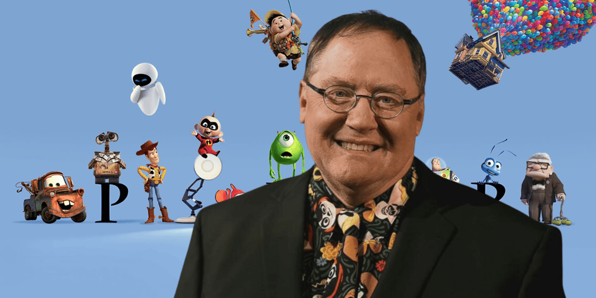 A man wearing glasses and a colorful tie stands smiling in front of a blue background featuring various animated characters from entertainment giants. The characters include a toy cowboy, a robot, a superhero baby, a green one-eyed monster, a car, an old man, and a house carried by balloons.