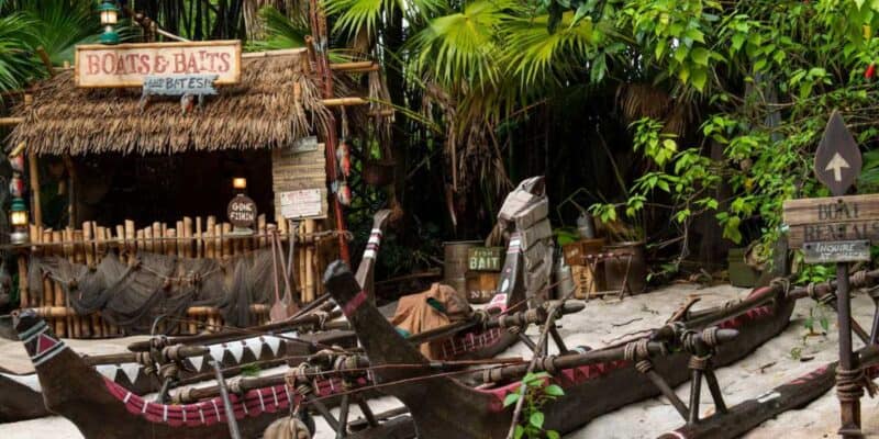A tropical-themed shop called "Boats & Baits and Bites" in the Jungle Cruise attraction