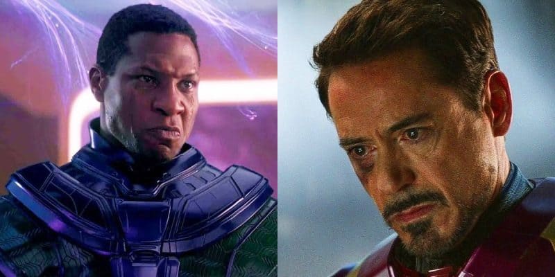 Kang the Conqueror (Jonathan Majors) alongside Iron Man (Robert Downey Jr.) in a splitscreen