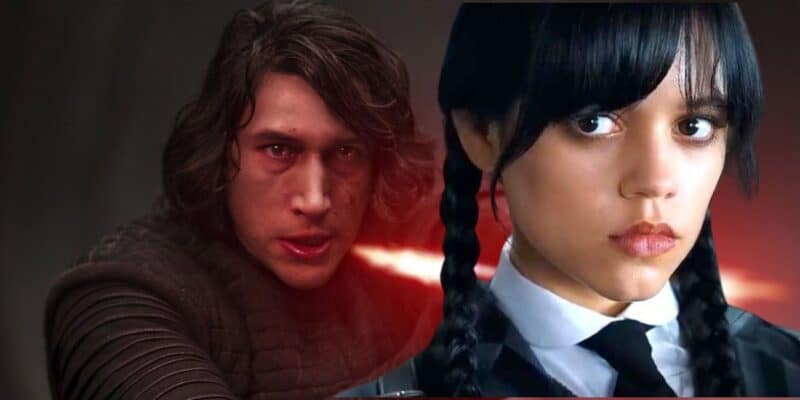 A composite image featuring two characters: on the left, a man with long dark hair and intense expression wielding a red lightsaber, and on the right, a woman with dark braided hair wearing a white-collared shirt and black dress, staring forward.