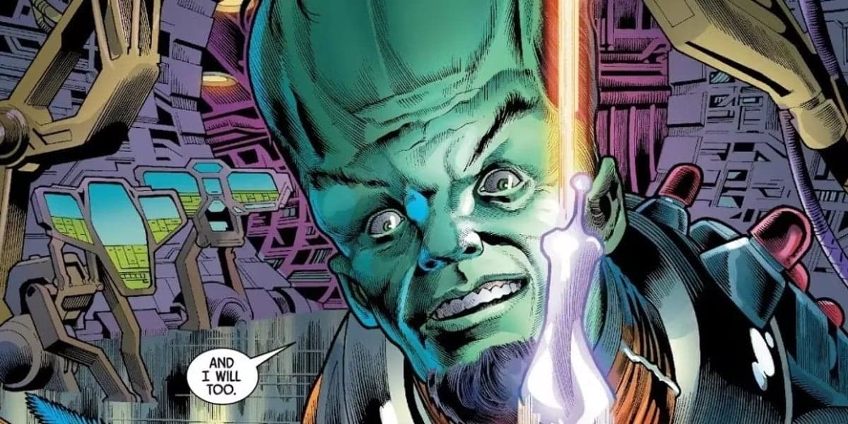 A comic book panel featuring a character with green skin, a large, bulbous cranium, and a grim expression. The character is in a futuristic setting with machinery and glowing screens in the background. A speech bubble says, "And I will too.