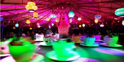 Mad Tea Party lit up at night at Magic Kingdom Park