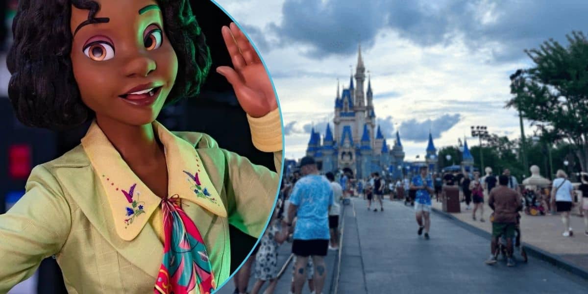 Left: A Princess Tiana animatronic. Right: Cinderella Castle as seen from Main Street, U.S.A., on a cloudy day.