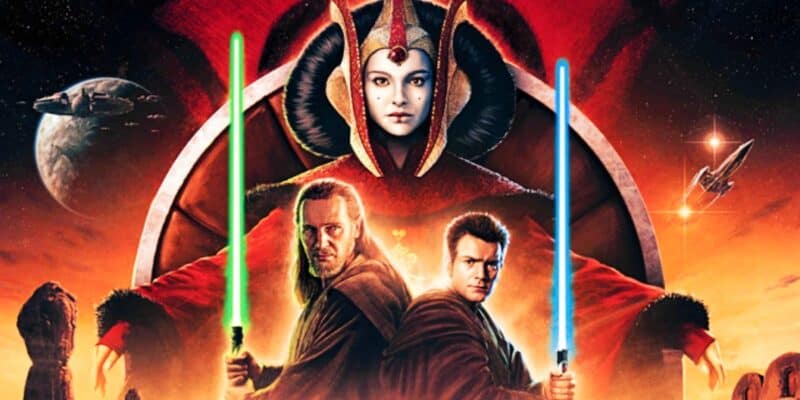 A colorful poster depicts two jedi, one with a green lightsaber and the other with a blue lightsaber, standing back-to-back. Above them, a woman wearing an elaborate headdress and red attire is shown. In the background, spaceships and planets are visible.