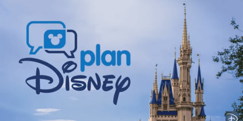 An image featuring the logos for "planDisney" with a speech bubble icon containing a Mickey Mouse silhouette, next to Disney's Cinderella Castle against a clear blue sky. The castle, adorned with blue and gold accents and partially framed by tree branches, captivates parks enthusiasts seeking magic.