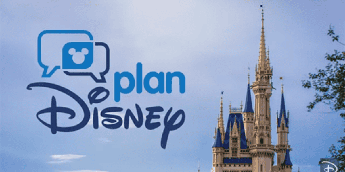 An image featuring the logos for "planDisney" with a speech bubble icon containing a Mickey Mouse silhouette, next to Disney's Cinderella Castle against a clear blue sky. The castle, adorned with blue and gold accents and partially framed by tree branches, captivates parks enthusiasts seeking magic.