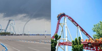 A split image shows two scenes at a theme park. On the left, a mostly empty amusement park parking lot with a funnel cloud visible in the background under dark, stormy clouds where warnings were issued. On the right, there is a roller coaster with a bright red track, carrying passengers on a clear, sunny day.