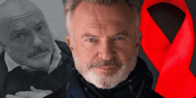 A man with a salt-and-pepper beard and hair gazes confidently at the camera, while a black-and-white image of him is in the background. A large red awareness ribbon is prominently displayed on the right side, representing his recent cancer diagnosis.