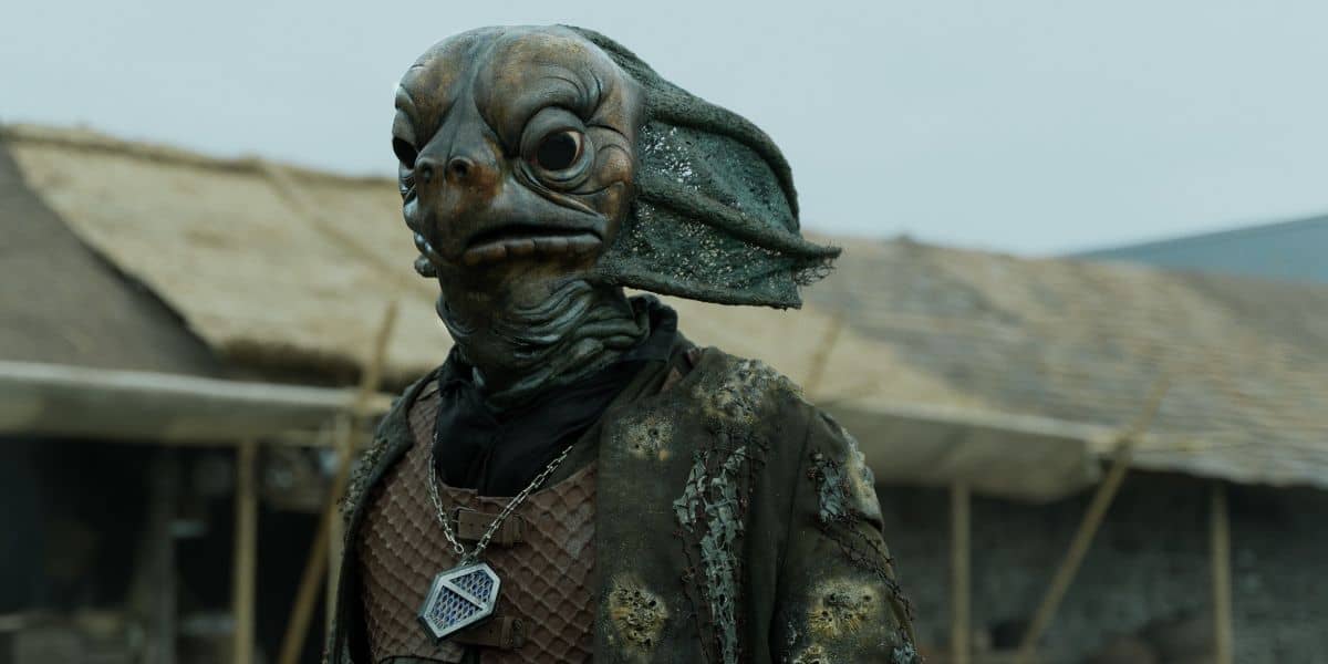 A character with a fish-like head, large round eyes, amphibious skin, and fin-like ears wears a patched robe and a geometric medallion. The background resembles a whimsical Doctor Who setting with wooden structures and a thatched roof.