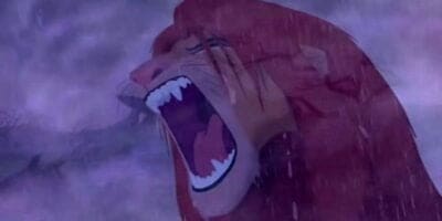 An animated lion character, reminiscent of The Lion King, roars in the rain, showing distress and sadness against a stormy backdrop. The dramatic scene is filled with purple and blue tones, conveying a profound sense of turmoil and emotion.