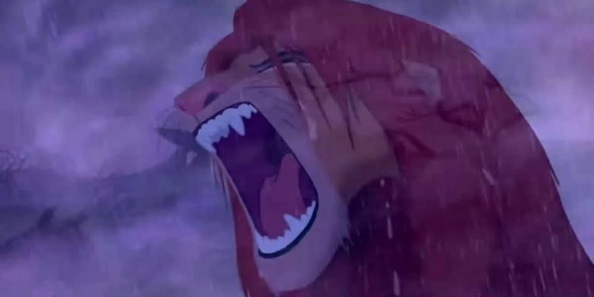 An animated lion character, reminiscent of The Lion King, roars in the rain, showing distress and sadness against a stormy backdrop. The dramatic scene is filled with purple and blue tones, conveying a profound sense of turmoil and emotion.