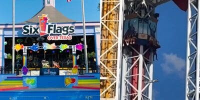 The image is split into two parts. The left shows the entrance to Six Flags Over Texas, featuring colorful decorations, while the right captures a close-up of a thrilling ride with passengers seated and ascending a tall, vertical structure.