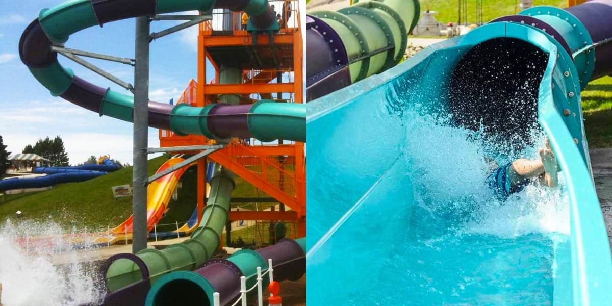 Split image showing two views of a water park slide: on the left, an exterior view of a tall, twisted slide with green and purple sections and an orange support structure; on the right, a close-up of a person's legs exiting the slide into a splash pool at this popular water park.