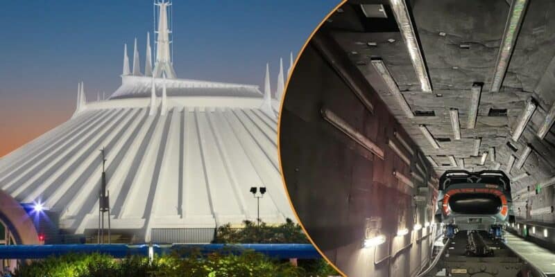 A split image shows the iconic white exterior of Space Mountain on the left and the dark, futuristic interior of the Space Mountain ride on the right, with a roller coaster cart on the track and overhead lighting illuminating the scene.