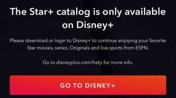 A promotional image for Disney+ announces that the Star+ catalog is only available to Disney subscribers. The text instructs users to download or log in to Disney+ to access Star movies, series, Originals, and live sports from ESPN. The image includes a red button labeled "Go to Disney+".