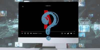 A computer screen displays a paused video with a large blue question mark over a red highlighted area at the center. The background features a digital network, mirroring the intricate connections of a popular streaming service's interface, with various small images and icons connected by lines and nodes.