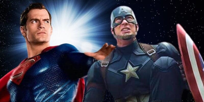 A digital illustration depicting superheroes Superman and Captain America against a starry space background. Superman is on the left with an extended arm, wearing his classic blue suit and red cape. Captain America is on the right, holding his shield and wearing his blue costume with a star emblem.