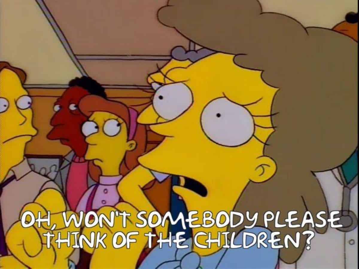 A distressed Helen Lovejoy from 'The Simpsons' clutching her face says, "Oh, won't somebody please think of the children?" in a crowded room. She is surrounded by citizens of Springfield. The image illustrates the parents' concerns about mature content being on the new Disney+ streaming service in Latin America