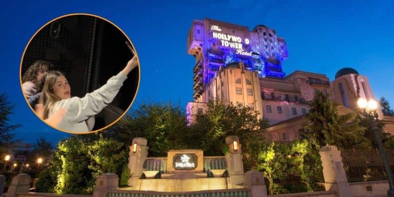 An image of a girl filming herself and singing over an image of the Tower of Terror at Disneyland Paris.