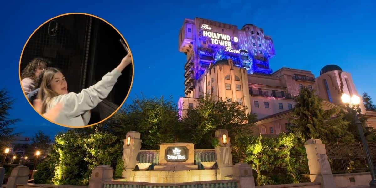 An image of a girl filming herself and singing over an image of the Tower of Terror at Disneyland Paris.