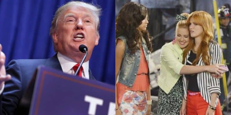 An image featuring two parts: on the left, a person in a suit speaking at a podium about the 2024 Presidential Campaign, and on the right, three younger women. One embraces another who appears upset while the third observes sympathetically.
