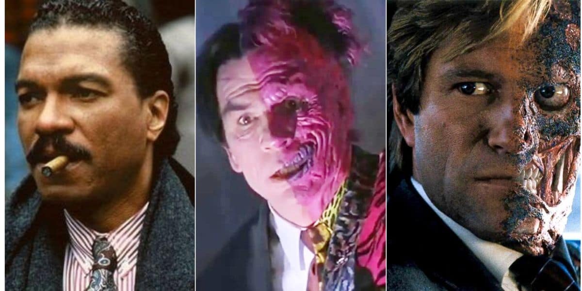 A collage of three actors portraying the character Two-Face from Batman films. The first has a mustache and is smoking a cigar, the second has half of his face grotesquely disfigured and grotesquely colored pink, and the third has half of his face severely burnt and scarred.