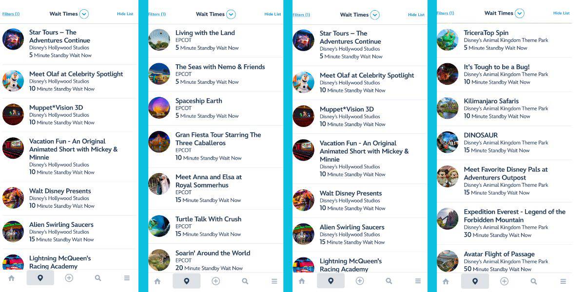 A screenshot of a mobile app showing Disney Wait Times for various attractions at a theme park. The list includes rides like "Star Tours," "Spaceship Earth," and "Expedition Everest," with wait times ranging from 5 to 70 minutes. Each ride has an icon and a brief description.