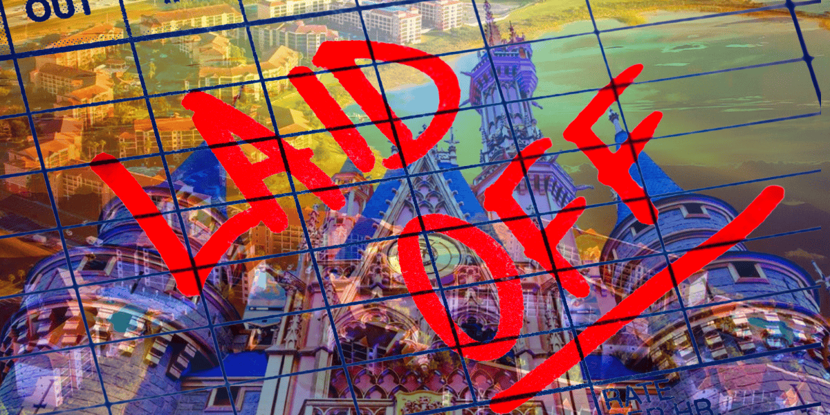 A colorful, fantasy-themed backdrop resembling Disney World with iconic castle-like structures and a lake is overlaid with a grid resembling a calendar. The bold red text "LAID OFF" is prominently sprawled across the image, hinting at significant job cuts.