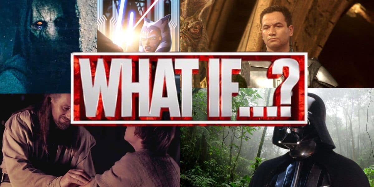 A collage of Star Wars scenes with a central "WHAT IF...?" logo in red. The background images include characters like a robed figure, a glowing lightsaber scene, a man in armor, two individuals in a tender moment, and the iconic helmet of Darth Vader.