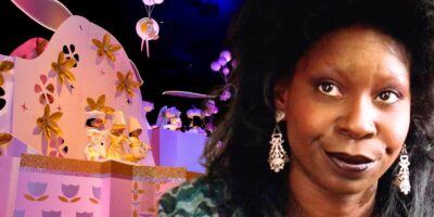Whoopi Goldberg superimposed against the iconic Disneyland "it's a small world" ride