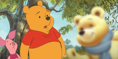 Animated scene in a forest showing Winnie the Pooh, wearing a red shirt, and Piglet, standing close together. Both are looking towards a blurred figure in the foreground, who appears to be AI Winnie the Pooh wearing a blue scarf. Trees and greenery form the backdrop—a delight for Disney fans.