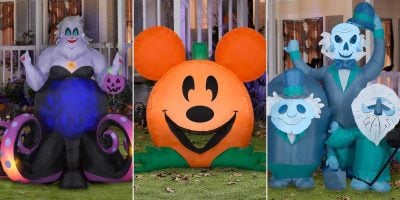 Three Halloween inflatables are displayed in front of a house. From left to right: a purple sea witch holding a pumpkin, an orange pumpkin with Mickey Mouse's face, and three blue ghost figures from a haunted mansion scene, dressed in suits and hats.
