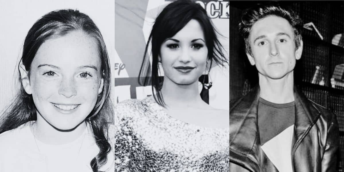 A black-and-white photo featuring three individuals: a young girl with long hair and freckles on the left, reminiscent of a Child Star, a woman with dark hair wearing a sparkly top in the center, and a man with short hair wearing a jacket on the right. They are each facing the camera as if posing for a documentary.