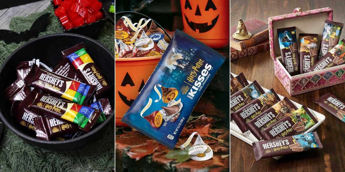 A collage of Halloween-themed Hershey's chocolates. The left image shows a bowl of assorted Hershey's miniatures. The center image displays a pumpkin bucket filled with Hershey's Kisses. The right image features an open box of various Hershey's chocolates.