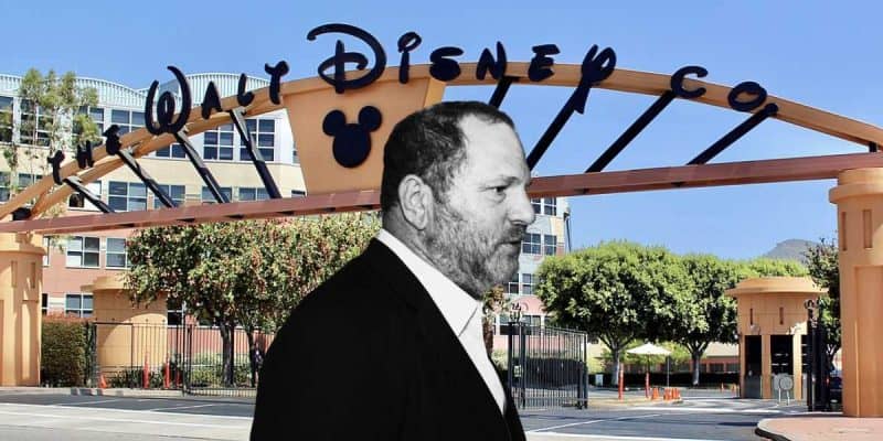 A black and white image of an unidentified person in the foreground is overlaid on top of a color photograph of the entrance to The Walt Disney Company, featuring a prominent archway with the Disney logo and Mickey Mouse silhouette, subtly hinting at the realms affected by Harvey Weinstein's scandal.