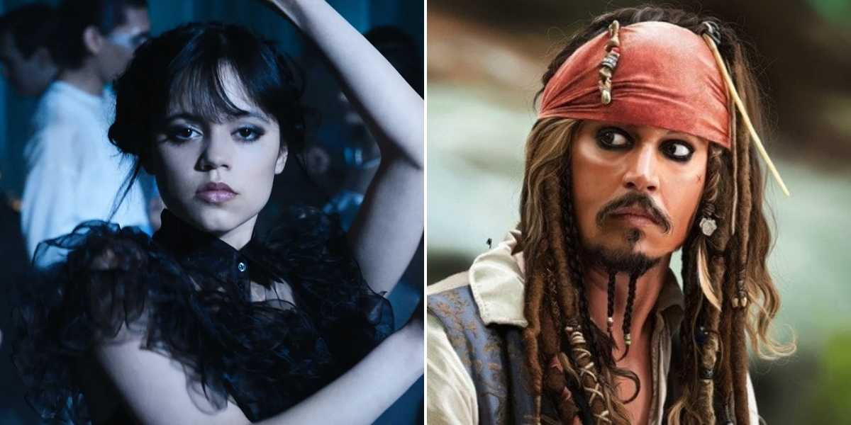 Split image with two characters: on the left, Jenna Ortega as Wednesday, a young woman with dark hair in a black outfit dancing with a serious expression; on the right, a man resembling Johnny Depp with dark eye makeup, dreadlocks, and a red bandana, wearing a pirate costume, looking to his left.