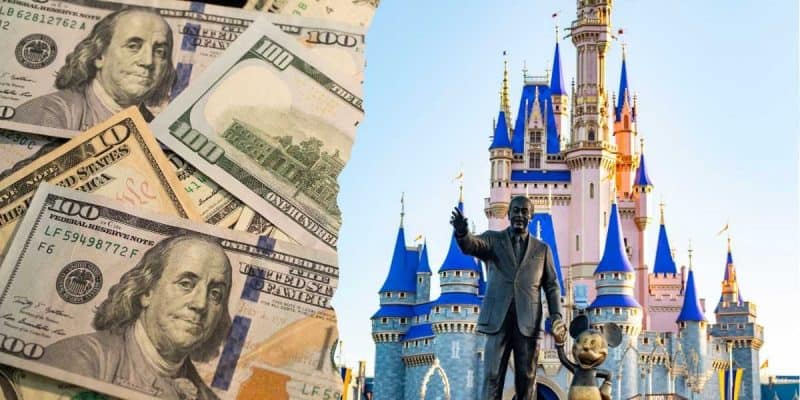 A collage image showing U.S. dollar bills on the left and a statue of a man holding hands with a mouse character in front of a large, colorful castle at Disney Parks during peak season on the right at Disney.