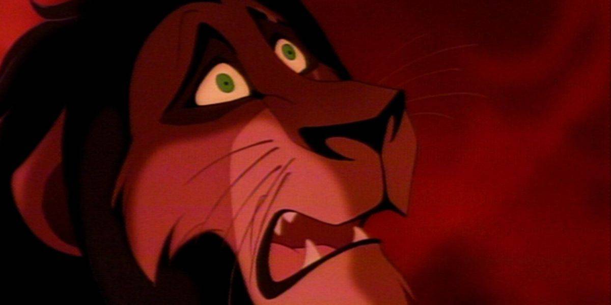 A close-up of Scar, Disney's classic villain from "The Lion King." He has a dark mane, green eyes, and a concerned expression. The background is a deep red, highlighting his dramatic and worried look.