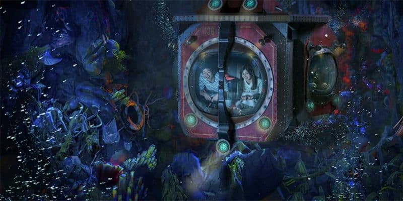A deep-sea submarine is exploring an underwater landscape filled with vibrant coral, diverse marine flora, and bubbles. It feels like a scene from a Disney movie, magical and captivating. Two people can be seen inside the front window, gazing out at the surroundings illuminated by the submarine's lights.