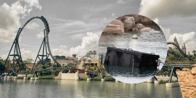 A dramatic scene at Universal Orlando Resort features a large roller coaster with loops and turns, set against a cloudy sky. In the foreground, a smaller circular section highlights an image of an overturned boat floating in water, hinting at catastrophic flooding.