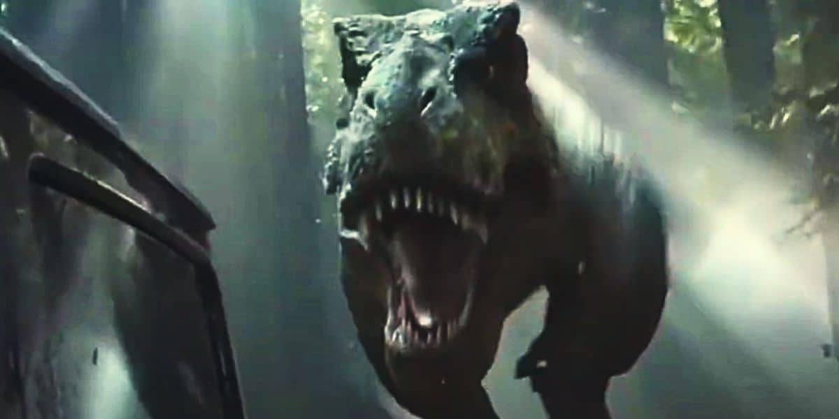 T-Rex chasing a jeep with Jeff Goldblum inside